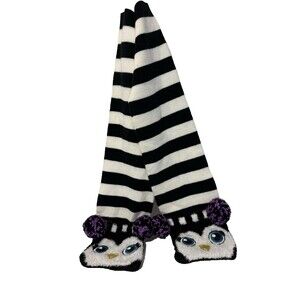 Whimsical warm scarf with black and white stripes and cute panda faces on ends